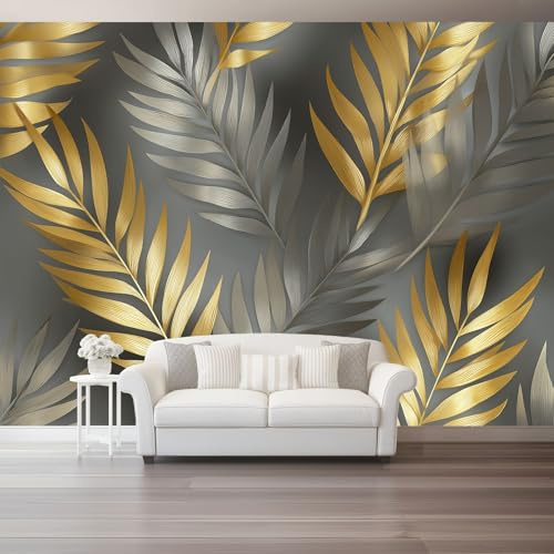 Carta Da Parati Tropicale Foglie Di Palma Texture Metallica Oro Argento 3D Fotomurale – Design Moderno In Tessuto Non Tessuto Per Soggiorno, Camera Da Letto, Cucina, – Murale 200 X 140 Cm