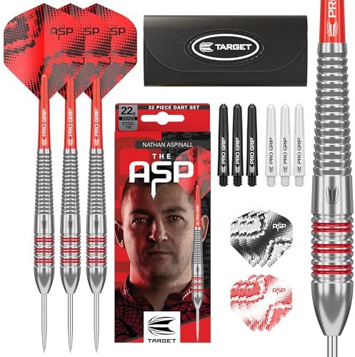 Target Darts Nathan Aspinall Messing Steeldarts Dartpfeil-Set, 22 g | Dartpfeile mit Nicht abnehmbaren Points, Pro Grip-Schäfte, No. 2 Pro Ultra-Dart-Flights, Aufbewahrungsetui und zusätzliches