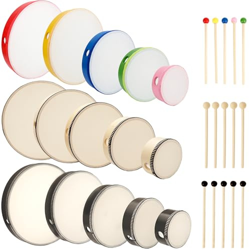 15 Set Hand Drums 12 Inch 10 Inch 8 Inch 6 Inch 4 Inch Wood Frame Drum Set with Drum Sticks Percussion Instruments for Kids Adults Beginners Home School Party Gifts, 5 Size 3 Colors