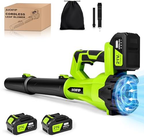 JUOIFIP Soffiatore elettrico a batteria, 21 V, 500 W, con 6 marce, regolabile, con batteria e caricatore, 40000 giri/min, senza fili, per giardino, foglie, polvere e neve
