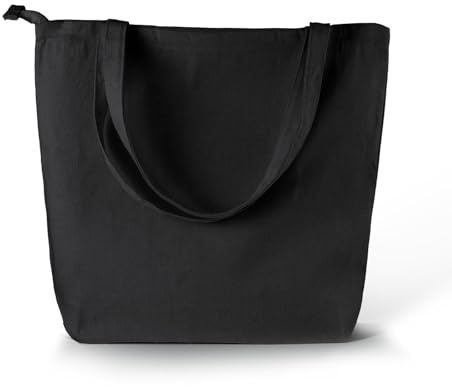 Wonky Line Borsa Tote Grande in Tela con Cerniera e Tasca Interna, Cotone 280g/m² Resistente, Borsa Spesa Riutilizzabile Shopper Ecologica, Tracolla Extra Large Donna Viaggio - Nero