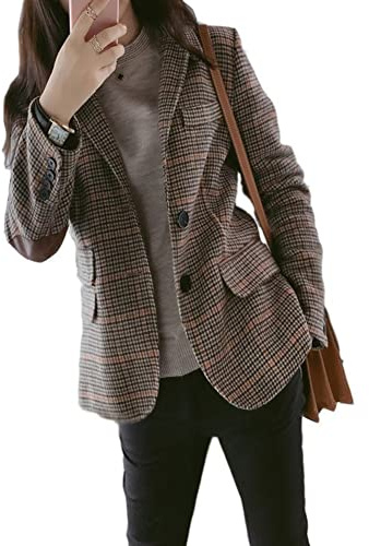 Blazer en tweed à carreaux pour femmes, veste de style boyfriend à simple boutonnage avec coudières patchées, kaki, 38-40