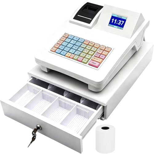 Cash Register Till Electronic, Registers Smart Till with Split Design Money Drawer Plug Play Compact Digital LED Commercial No WiFi for Small Business Shop Retail Hospitality White 48 Keys