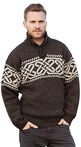 McLaughlin's Irish Shop Aran Woollen Mills Pullover Lavorato a Maglia Troyer Tradizionale Celtico 100% Lana Merino con Design a Nodo Trinity e Bottoni (Marrone, XXL)