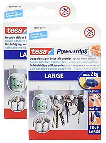 tesa Powerstrips Large/Doppelseitige Klebestreifen zur Montage von Gegenständen bis 2kg - Wieder ablösbar 10 Strips (2 Packungen, Large)
