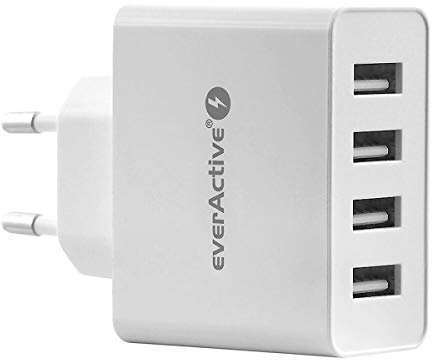 everActive SC-400 - Cargador de Red con 4 USB 5 A, Alta eficiencia, Carga rápida, Potencia Total 25 W, Carcasa sólida de una Sola Pieza
