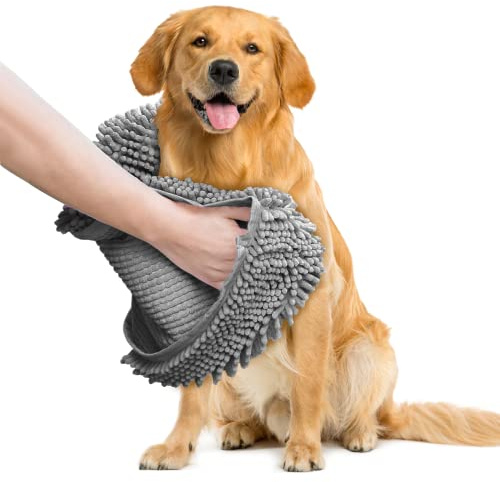 Muddy Mat® Doggy Dryer, Highly Absorbent Microfiber Washable Dog Shammy, Quick Drying Towel Absorber, Extra Soft Plush Wrap Chenille Bath Towels to Dry Soggy Large Pets & Small Puppy - Grey