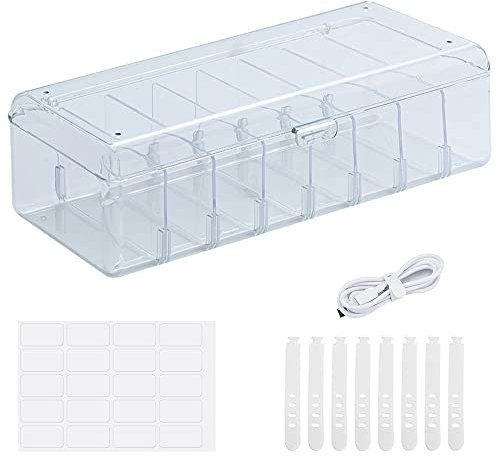 Data Cable Storage Box with 8 Cable Ties, Cable Management Box Hub Sorting Box with Lid, Desktop Cable Tidy Box with 9 Compartments for Cable Organiser(Transparent)