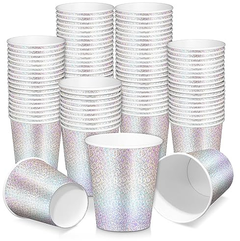 Tanlade 50 Pcs Iridescent Foil Paper Cups 9 oz Disposable Holographic Silver Party Shimmer Cup Glitter Rainbow Disco Tumbler for Hot Cold Drink Birthday Baby Shower Wedding Favors