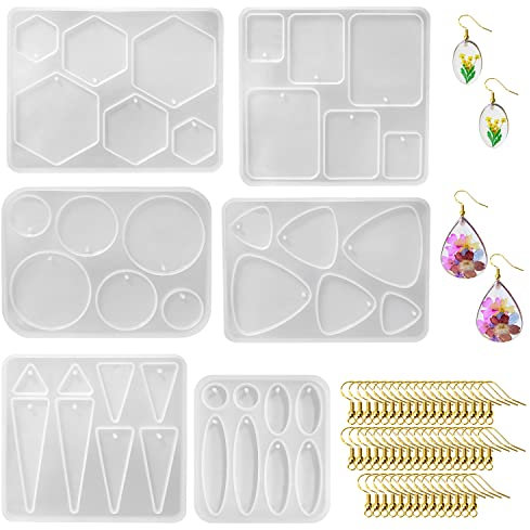 TAFACE 6 Stück Harz-Ohrring-Silikonform mit 50 Stück goldenen Ohrhaken, Epoxidharz-Form mit Löchern, handgefertigter Ohrring-Schmuck für Armbänder, Anhänger, Schlüsselanhänger