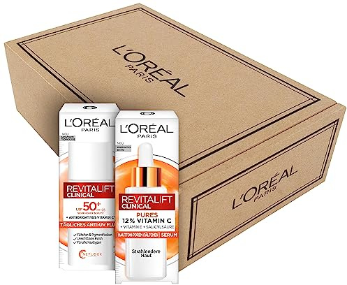L'Oréal Paris Vitamin C Duo: Vitamin C Serum & Anti-UV vätska ansiktsvård, mot första tecken på åldrande, Revitalift Clinical, 2 st.