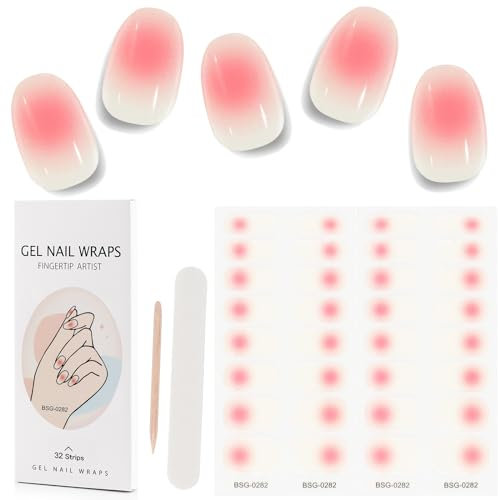 Kalolary 32PCS Gel Nail Polish Strips, Adhesive Full Wrap Art Sticker, Waterproof Wrap Stickers With Nail File and Stick (UV/LED Lamp Required) (Pink Transparent)
