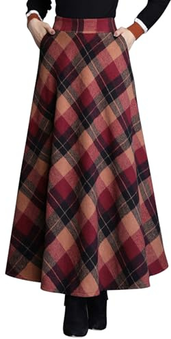 Womens Vintage Plaid A-line Long Maxi Skirt Fall Winter Swing Pleated Flared High Elastic Waisted Casual Flowy Skirt with Pockets(UK 14/Tag XL,Red)