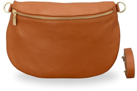 BRISE Bauchtasche Damen Echtleder AFIA Gold Handgemachte Umhängetasche Crossbody Bag mit Ledergurt 3 Fächer Hüfttasche Gürteltasche Made in Italy (Cognac Braun-Gold 1)