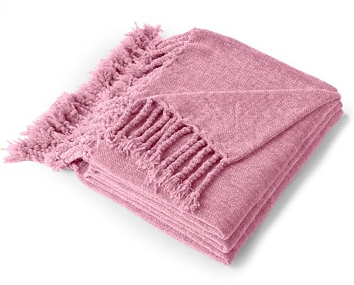 BATTILO HOME Pink Throw Blanket for Sofas Bed, Soft Decorative Fringe Chenille Knit Throws for Settees, Blush Pink Sofa Throws Bed Blankets, 130×150cm