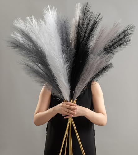 8 Pcs 45 Pampas Grass Tall Faux Dried Decor, Fluffy Fake Long Pompas Artificial Black White Grey Gray Pompous Stems Bouquet Flower Arrangement Vase Filler for Boho Home Wedding Decoration