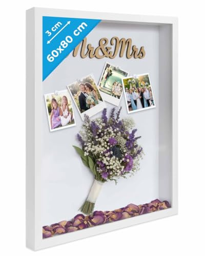 PHOTOLINI 3D Bilderrahmen zum Befüllen 60x80 Weiß groß, 3 cm tiefer Objektrahmen mit Acrylglas, tiefer Bilderrahmen 60x80 Holz MDF, Dicker 3D Rahmen befüllbar für Gegenstände Geschenk