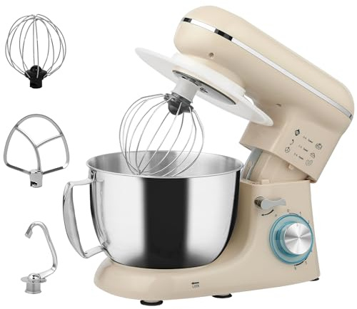 HOMCOM Stand Mixer, 4.5L Food Mixer for Baking, 6 Speeds and Pulse Setting, 1300W Cake Electric Whisk with Dough Hook, Whisk, Stainless Steel Bowl, Splash Guard, Beater, Beige