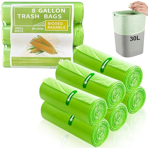 30 Litre Biodegradable Bin Liners, 120 COUNTS Food Waste Garbage Bags 8Gallon/30L Garbage Compostable Trash Caddy Liners, Degradable Rubbish Bag Bin Bags for Kitchen Bathroom Garden Office- 60x65 cm