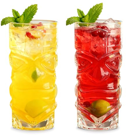 Huucozn Lot de 2 verres à cocktail transparents - Verres Tiki - Verres à cocktail - Verres à margarita - 420 ml - Verres Tiki - Verres à cocktail Tiki - Verres avec paille en acier inoxydable pour