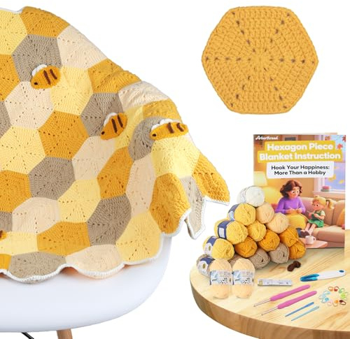 Arborthread Crochet Kit, Crochet Blanket Kit, Honeycomb Beginner Knitting Kit w/Step-by-Step Video & Instructions for Adults & Kids