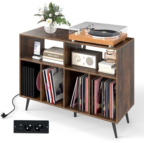 KOMFOTTEU Meuble Platine Vinyle à 3 Niveaux, Support de Tourne-Disque avec 4 Compartiments & 2 Étagères Ouvertes, Meuble Tourne-Disque, 100 x 40 x 74,5 cm (Marron, avec Station de Recharge)