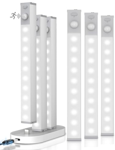 GOODEA Aluminium Alloy Wardrobe Lights Motion Sensor Indoor with Charging Station Stair Light Battery Operated 18cm 10 LED-6 Pack,Under Counter Lights Rechargeable Wardrobe Lighting for Shelf Closet