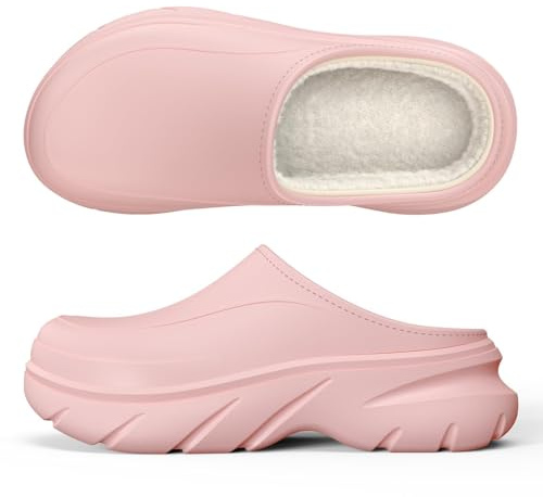 YASSIA Unisex Fur Lined Clogs, Waterproof Winter Fuzzy Slippers, Non-Slip Snow Fleece Boot, House Shoes with Rubber Sole, Indoor Outdoor Comfort for Cold Weather (Pink Women 7.5/Men 6.5)