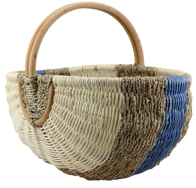 Grand Panier de Courses en Rotin et Jonc de Mer, 39x26x20 cm, Bleu | Panier de Pique-Nique, Tressé à la Main avec Anse, Panier de Marché Robuste et Stable, Design Vintage