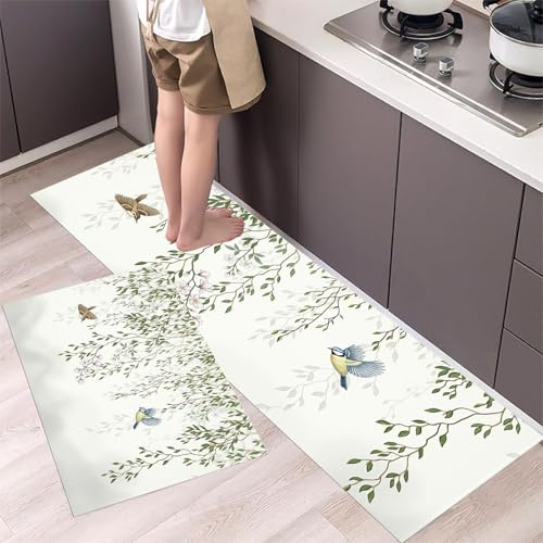 MLSOWM Tappeto da Cucina Rami Salice Uccelli, Set di 2 Passatoia Cucina Pittura Tradizionale A Inchiostro Tappetino Antiscivolo Tappetini per Corridoio, Camera da letto, 43x75cm+43x120cm