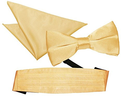 DQT Mens Plain Satin Bow Tie, Cummerbund & Pocket Square Set (3pc) - Pre-Tied Wedding Formal
