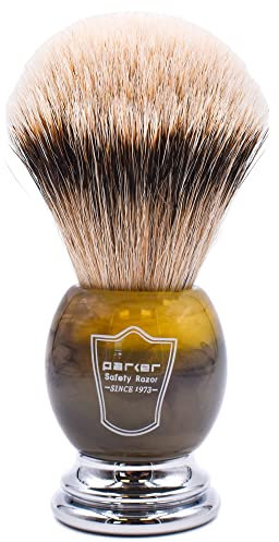 Parker Safety Razor 100% Silvertip Badger Bristle Faux Horn Handle Shaving Brush - Brush Stand Included
