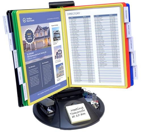 Ultimate Office AdjustaView 10-Pocket Desk Reference Organizer with Supplies Storage Base and EZ-Load Pockets to Hold 20 Sheets of Paper, Includes Fast Find Indexing Tabs (Colored Pockets)