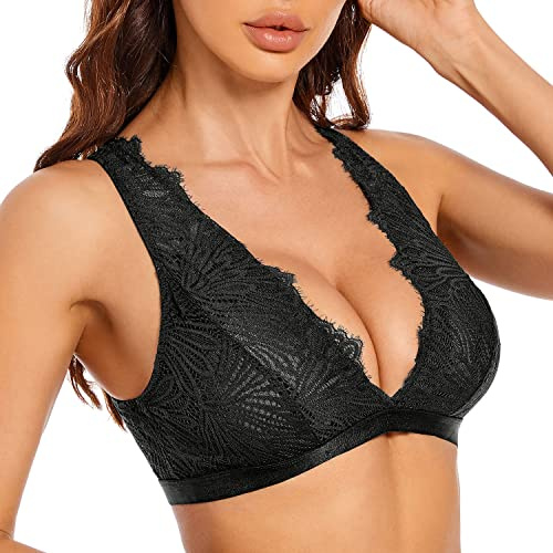 SHEKINI dam behå bralette dam spets bh ryggutskärning vadderad spets bh triangel bh utan bygel underkläder, svart, M