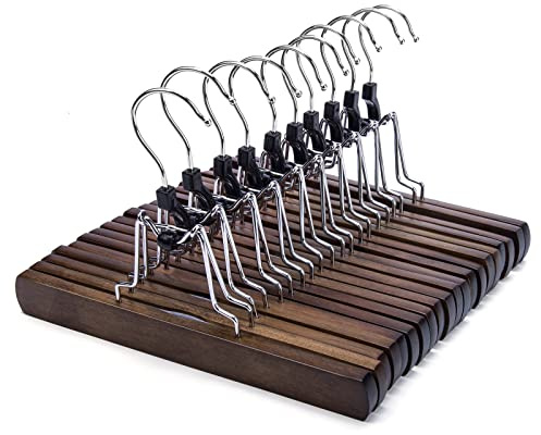 Nature Smile Wooden Pants Skirt Hangers, Smooth Finish Solid Wood Non Slip Jeans Slack Clamp Hangers Hair Extension Hangers (10 Pack Retro)…