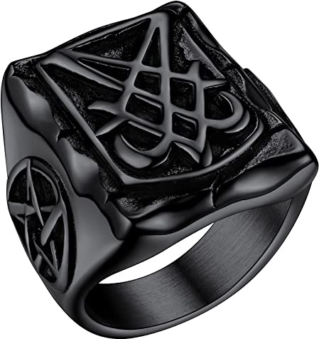 FaithHeart Satan Luzifer fingerring personlig baphomet satansk sigillring punk biker pentagram ring partnerring vänskapsring för män och män, 54 (17.2)