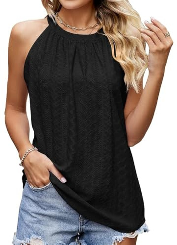 BKEPDY Camiseta Tirantes Mujer Tank Top Camisola Verano Cuello Halter Blusa sin Mangas Bordado Calado Tops Elegante Ropa Casual Deporte Algodon