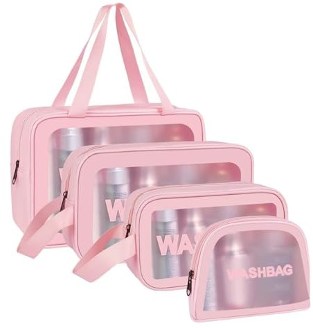 Aucuu Trousse de Toilette Transparente Set, 4PC Trousse de Toilette Étanche en PVC, Impermeable Portable Trousses de Maquillage de Voyage Transparente en PU avec Poignée à Fermeture éclair