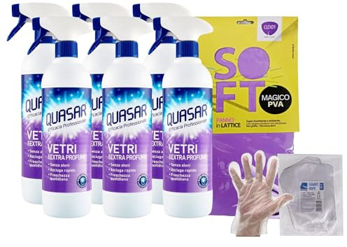 Detergente, VETRI Con EXTRA PROFUMO. Senza Aloni, Asciuga Rapido, Freschezza Quotidiana 580ml (6 Trigger) + Panno In Lattice SOFT, Formato 30x30 + 100pz Guanti HDPE Monouso