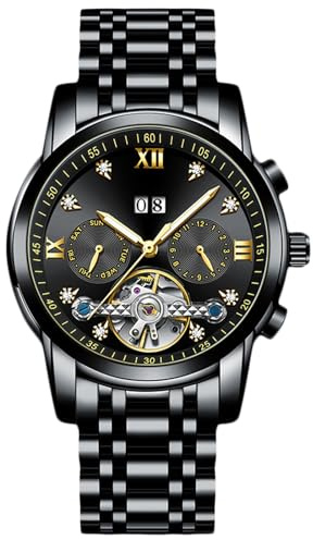 rorios Män mekaniska armbandsur Tourbillon automatisk klocka rostfritt stål skelett herrklockor eleganta diamantklockor för män, svart, L