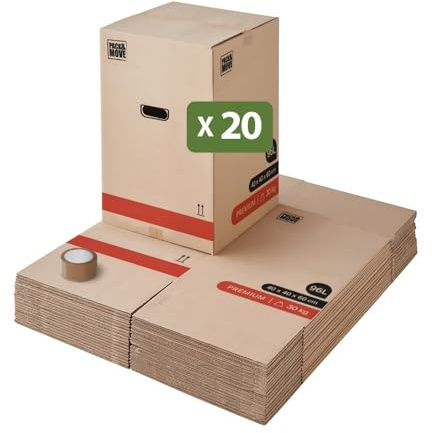 Pack And Move - Set med 20 premium flyttkartonger - 40 x 40 x 60 cm - extrem styrka 25 kg - återanvändbar, dubbel tjocklek - förstärkta handtag - 1 lim erbjuds