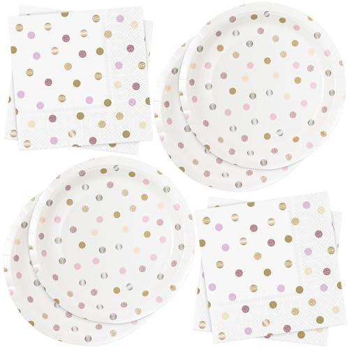 Pappteller Servietten Partygeschirr Set Punkt Bunt Tischdeko zum Geburtstag, Kindergeburtstag für 20 Gäste