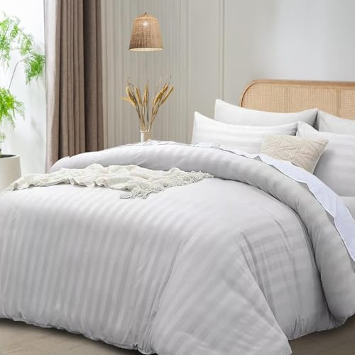 Funky gadgets Set copripiumino per letto matrimoniale, bianco, microfibra satinata a righe, lussuoso set di biancheria da letto per hotel con federe, traspirante, ultra morbido, reversibile.