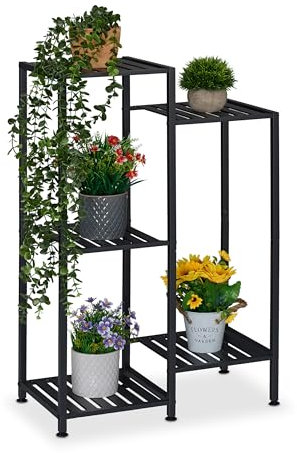 Relaxdays Blumenregal aus Metall, 5 Ablagen für Blumen- & Pflanzentöpfe, Pflanzentreppe, HBT: 81 x 55 x 28,5 cm, schwarz