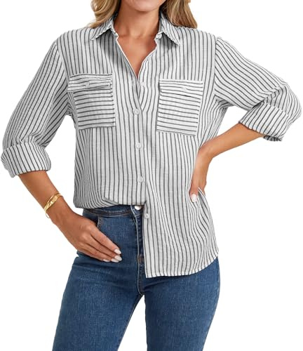 Enmain Chemisier Noir Femme Rayé en Lin Manches Longues Col V Chemise Boutons Femme Chic et Élégante Blouse Décontractée Travail avec Poches XXL