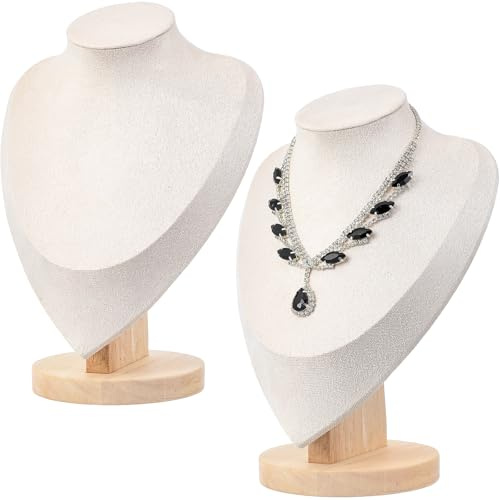 Afcabakila 2 Pcs Necklace Display Stand Bamboo, Wooden Jewelry Bust Holder with Beige Velvet, 9.1 Inch Height, 6.6 Inch Width, Ideal for Home or Store Showcase, Organizer and Photography Prop