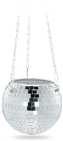 Relaxdays Discokula växtkruka, hängande blomkruka, glas, H x D: 13 x 15 cm, ampel hängande växter, silver
