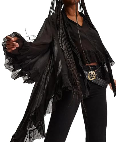 FeMereina Women Long Bell Sleeve Frill Top See Through Sheer Mesh Blouse High Low Hem Ruffled Sexy Flowy Tops Shawl Shirt