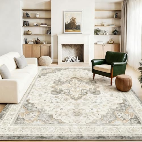 Marsail 8'x10' Washable Area Rug, Vintage Floral,Soft Short-Pile, Anti-Slip and Durable with Bound Edges for Living, Dining, and Bedrooms