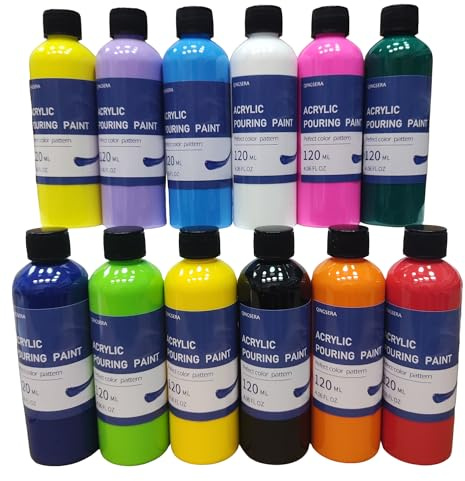 Qingsera Akryl hällfärg set, 12 färger (115 g/120 ml), förblandad högt flöde, redo att hälla, livliga färger för kanvas med flera ytor, trä, stenar, gips, rika pigment hållbar kvalitet